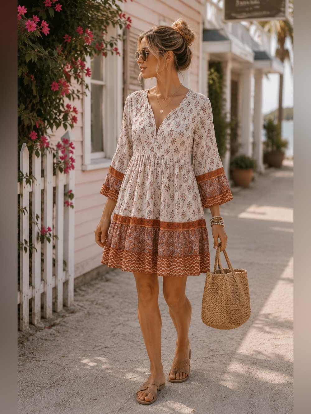 Boho Cream , Rust Printed Tiered Mini Dress Beachy Flowy , hippie summer Beach - Picture 10 of 12